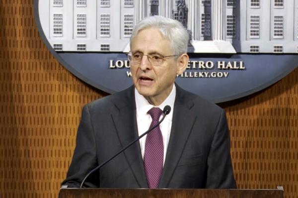 U.S. Attorney General Merrick Garland announces the Justice Department’s findings in a civil rights investigation into the Louisville Metro Police Department and the Louisville Metro Government that was sparked by the police shooting death of Breo<em></em>nna Taylor in 2020, in this screen grab from Justice Department video shot during a news co<em></em>nference at Louisville Metro Hall in Louisville, Kentucky, U.S. March 8, 2023. (U.S. Justice Department/Handout via Reuters)
