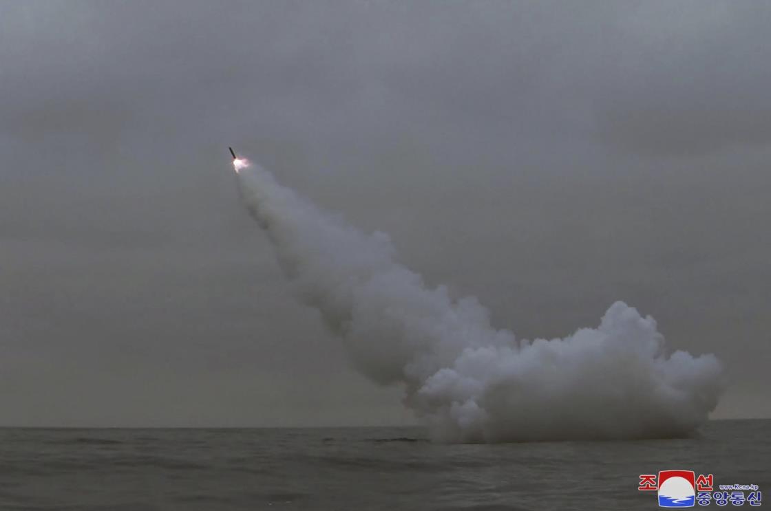 A strategic cruise missile being fired from a submarine in the waters of Gyeo<em></em>ngpo Bay, North Korea, March 13, 2023. (AFP Photo)