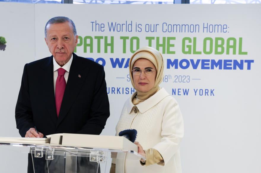 President Recep Tayyip Erdoğan and first lady Emine Erdoğan attend the signing ceremony of the Global Zero Waste Goodwill Declaration in New York, U.S., Sept. 18, 2023. (IHA Photo)