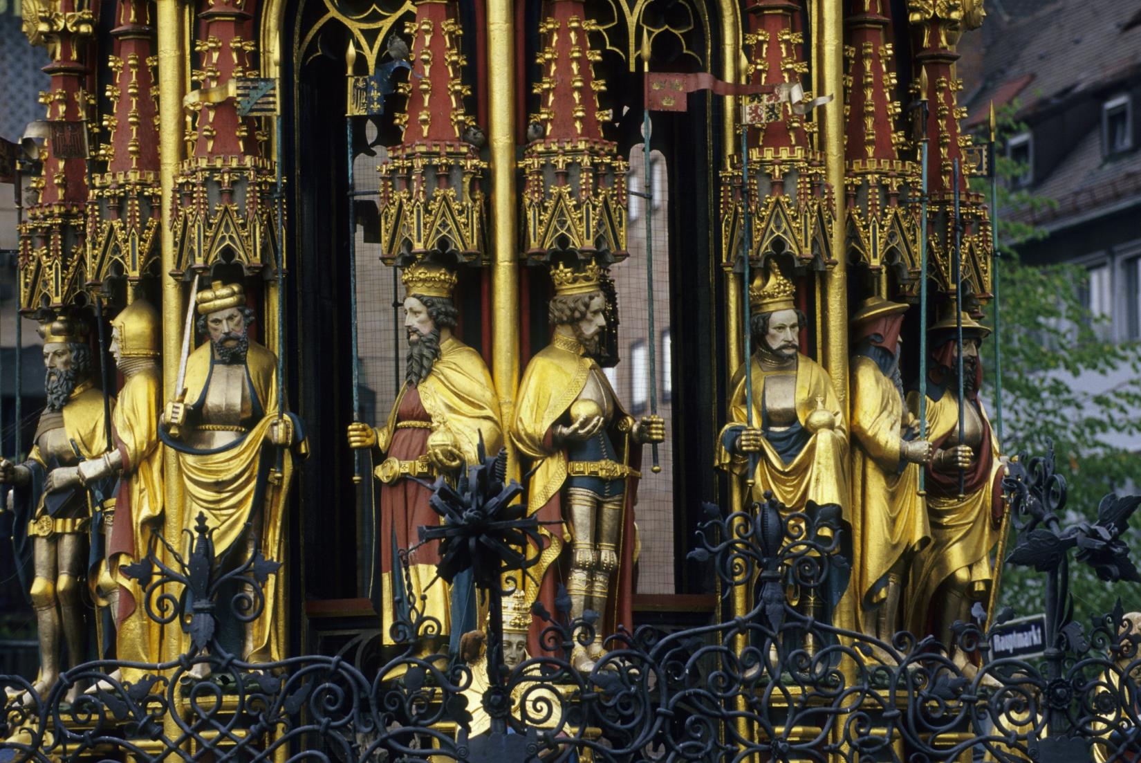 Gilded statues at Nuremberg's Schöner Brunnen, Germany, Jan. 1, 2003. (Getty Images Photo)