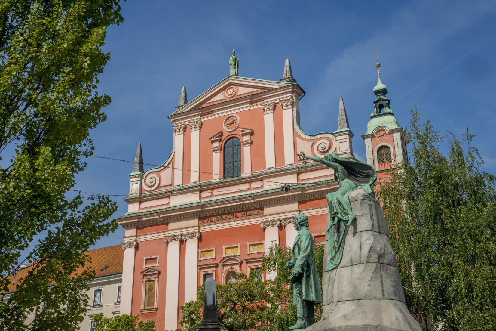 The Preseren mo<em></em>nument (1905) was erected in ho<em></em>nor of Slovenia's greatest poet, France Preserenon, with the Franciscan Church of the Annunciation in the background in old Ljubljana, Slovenia, Sept. 17, 2023. (Getty Images Photo)