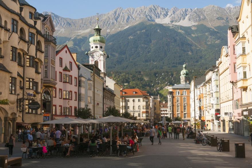 Maria Theresien Strasse Street, originally co<em></em>nstructed in A.D. 700, was later updated in 2009 to a modern pedestrian promenade, Innsbruck, Austria, Oct. 2, 2011. (Getty Images Photo)